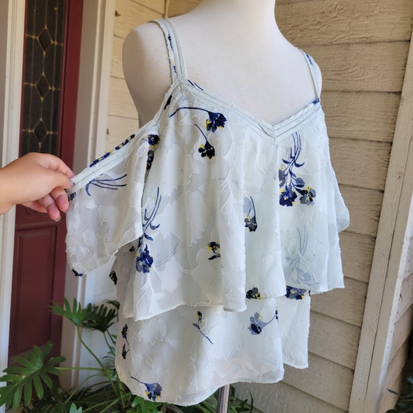 COPY - Lucky Brand Mint Floral Chiffon Cold Shoulder Tiered Top - Picture 2 of 6
